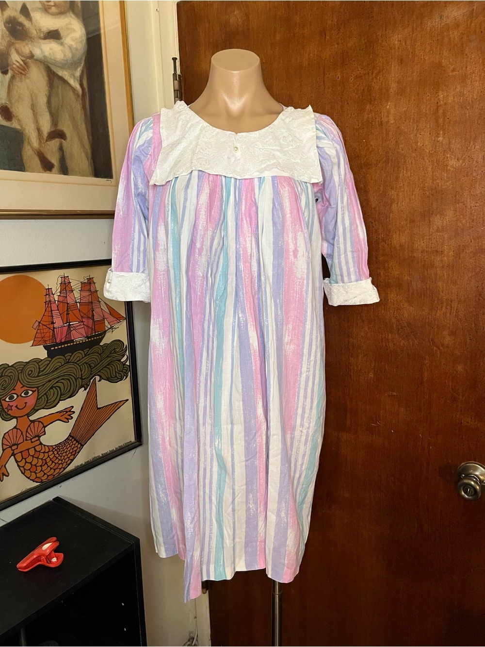 Pastel Striped Nightgown Babydoll Dress with Lace Yoke